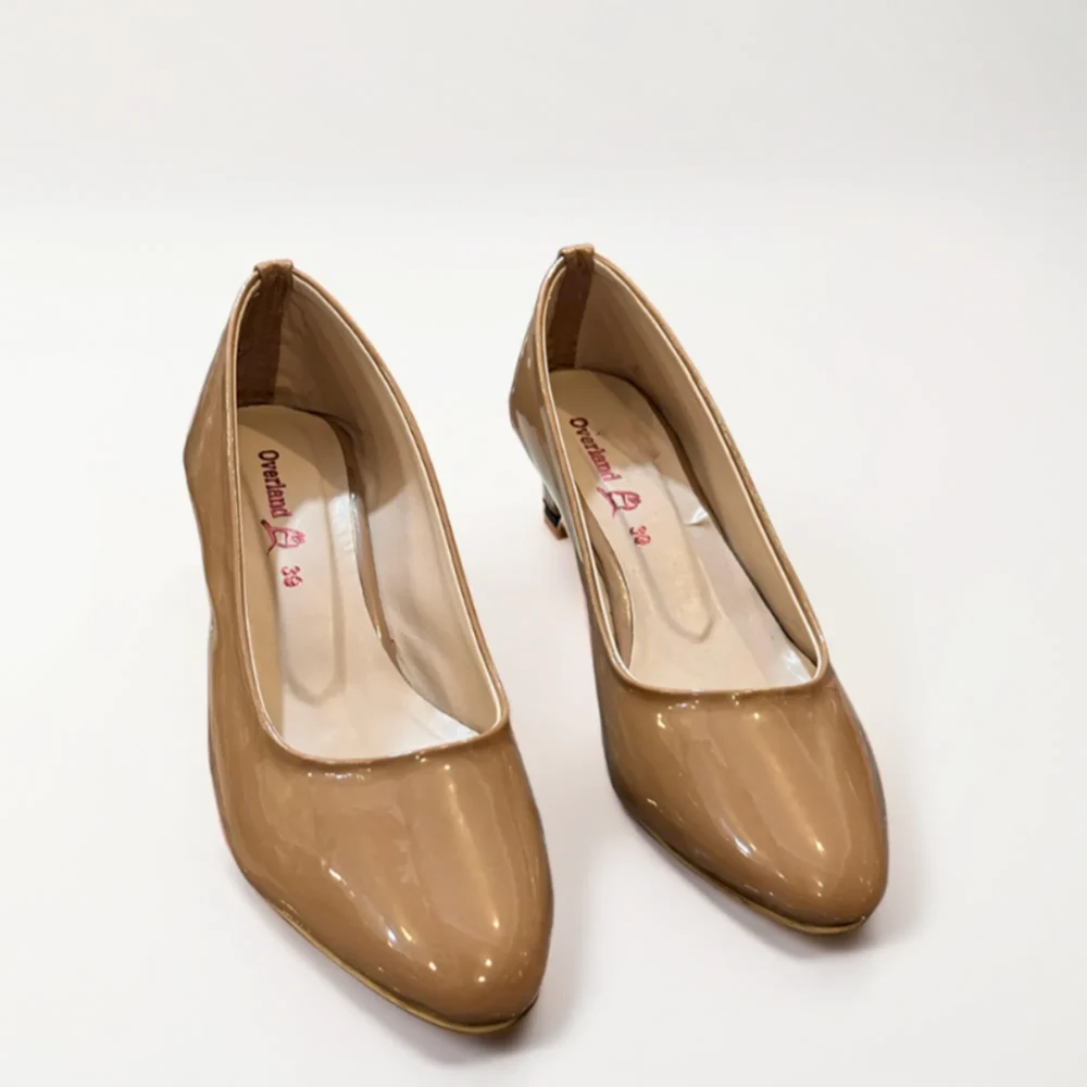 Beige Patent Low Heel Pumps for Women