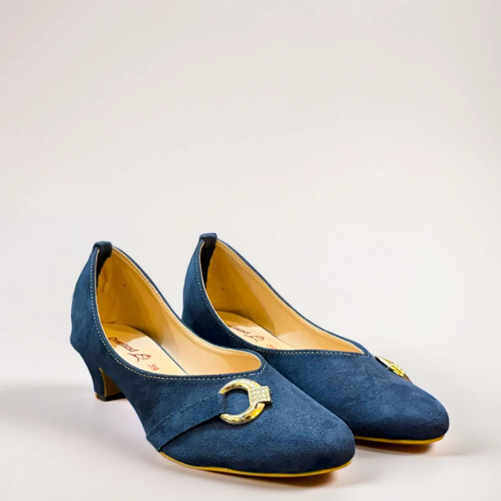 Elegant Navy Blue Suede Kitten Heel Shoes with Rhinestone Buckle