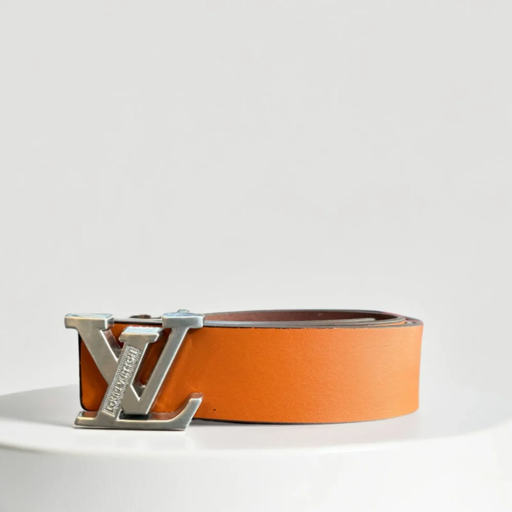 Louis Vuitton-Inspired Orange Leather LV Monogram Buckle Belt